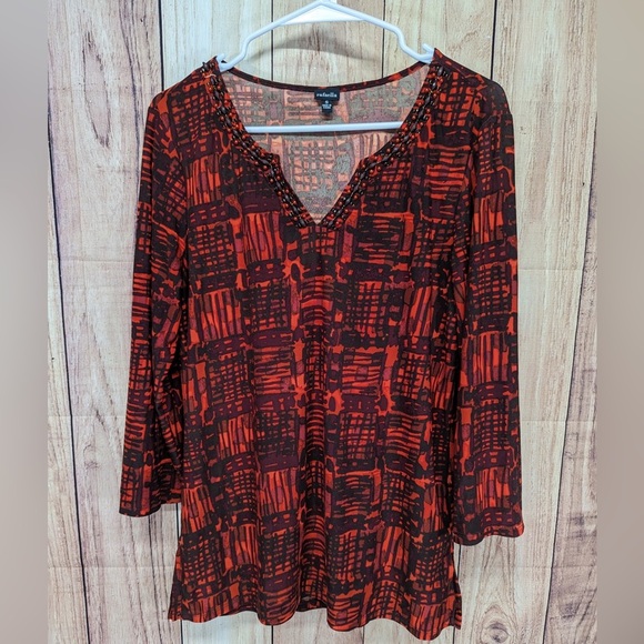 Rafaella geometric women’s tunic blouse in red and black size S with V- neck - Picture 2 of 6